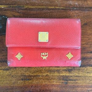 MCM Vintage Scarlet Leather Wallet with Gold Accents